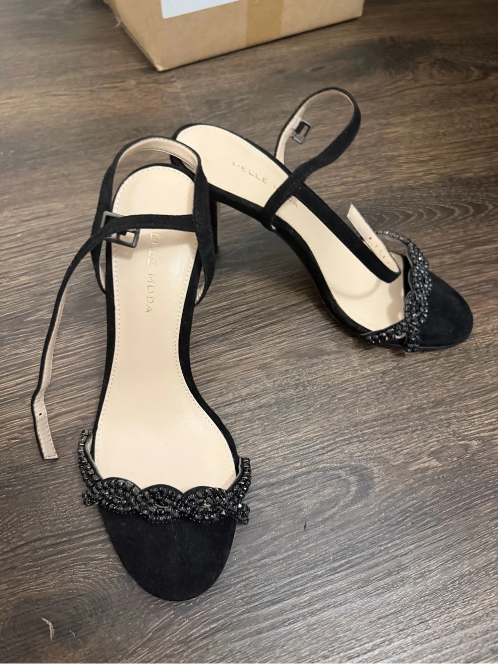 Pelle Moda Black Beaded Ankle-Strap Heels